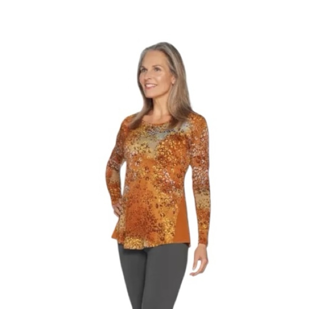 LOGO Lori Goldstein Animal Print Amber Tan Long Sleeve Stretchy Jersey Knit Top
